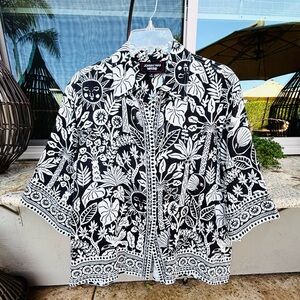 Johnny Was Black and White Floral Iinen Blouse
